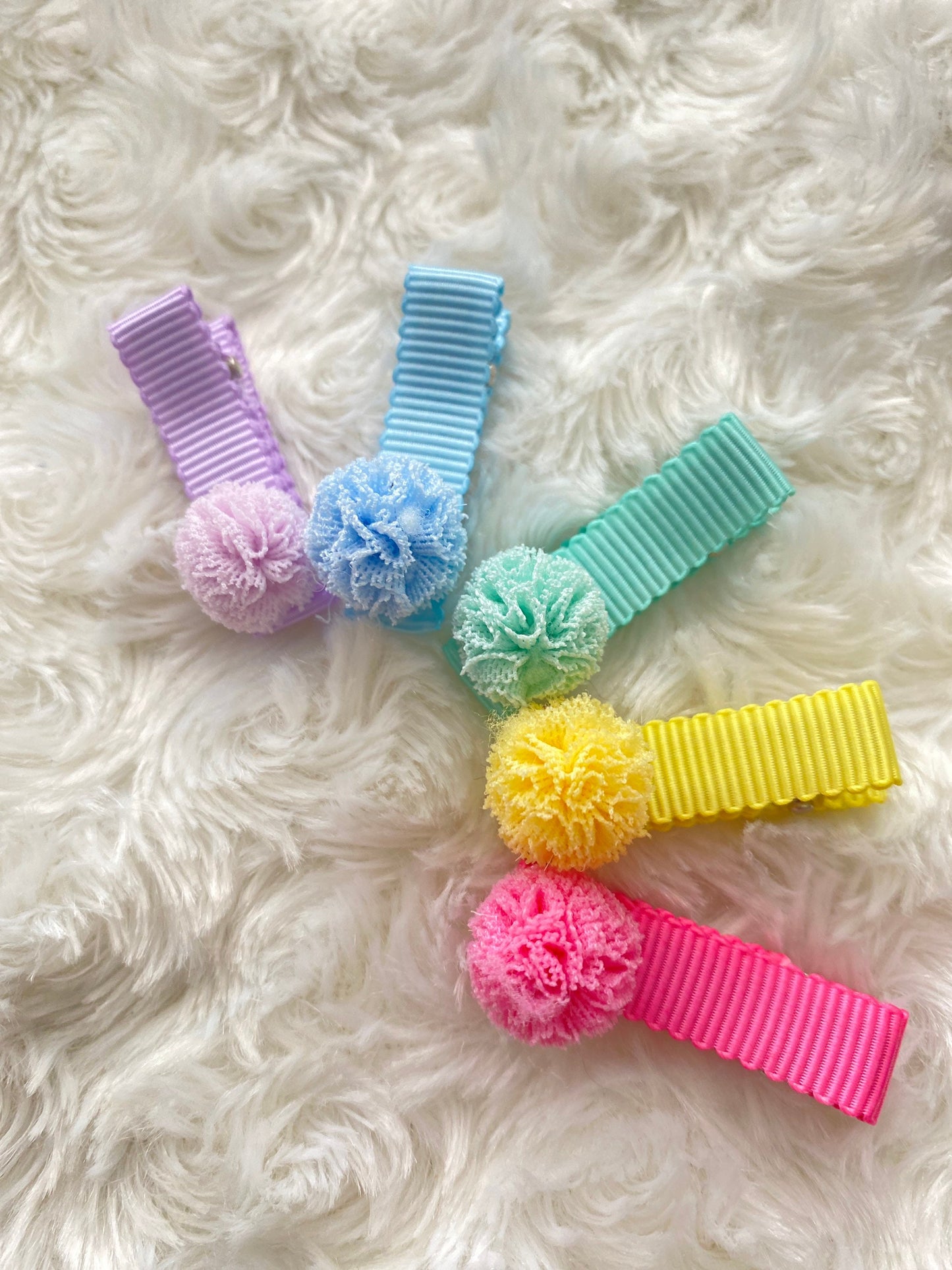 Ribbon pom pom  fringe clips - toddler clips - baby hair clips - small ribbon clips - choose own colours - fully lined clips - mini clips