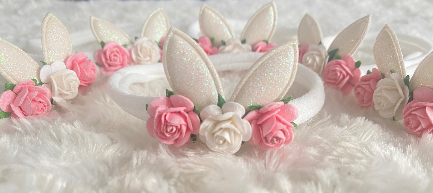 Newborn Easter Bunny Ears Headband - Bunny Flower Headband - Flower Crown Headband - Baby Gift- Girls Headband - Headband for Newborn
