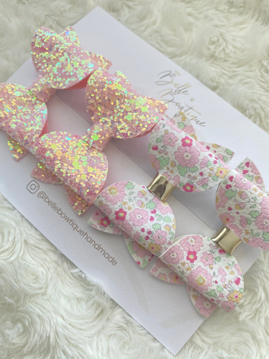 Pink and Floral Bow Clip Set
