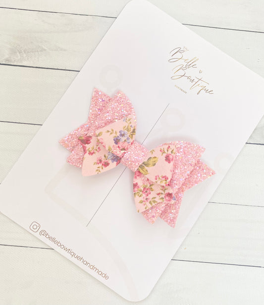 Pink Glitter and Floral Double Hair Bow